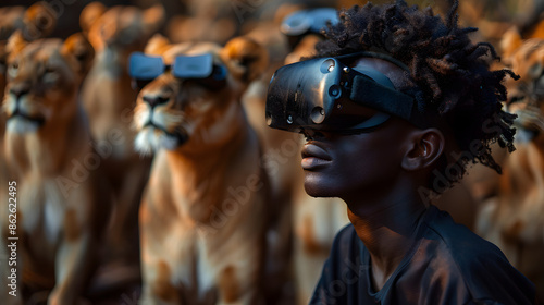 man wearing VR headset stands in safari setting, surrounded by tall grass with lions in the background. modern technology with the natural environment, creating unique and immersive experience © Ekaterina