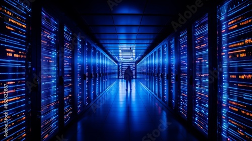 Long corridor of server racks bathed in electric blue light. Symmetrical rows of data storage units extend into the distance. Glowing LED indicators and blinking lights create a dynamic atmosphere.  © CoffeeeCraze