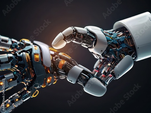 Two futuristic robot hands connecting, symbolizing artificial intelligence, technology, collaboration, and the future.