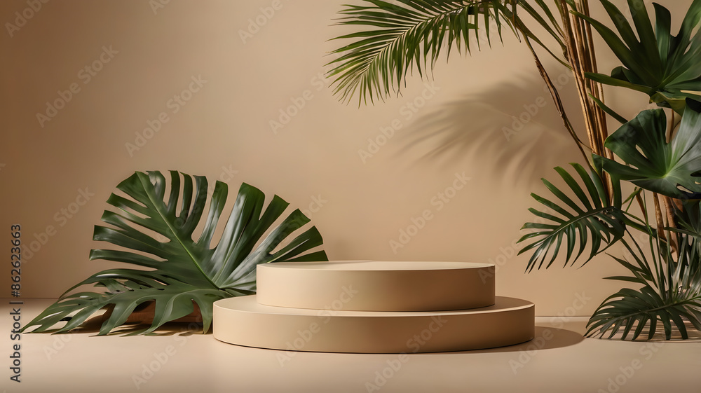 Beige Stand for Product Display with Tropical Leaf Decoration Beige Stand for Product Display with Tropical Leaf Decoration