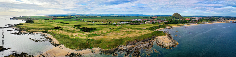 Aerial view of Glen Golf Course overlooking the coast and ocean, North Berwick, Scotland. Aerial view of Glen Golf Course overlooking the coast and ocean, North Berwick, Scotland.