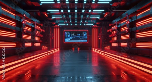 Futuristic Red And Blue Neon Lit Hallway With Screen