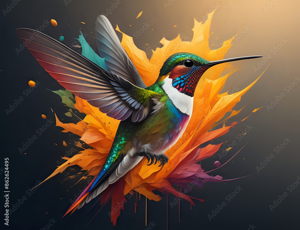 Fototapeta premium fliegender Kolibri vor abstraktem Hintergrund