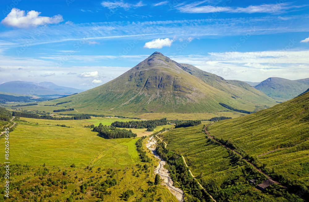 Aerial view of Ben Dorain in lush, serene Scottish Highlands, United Kingdom.