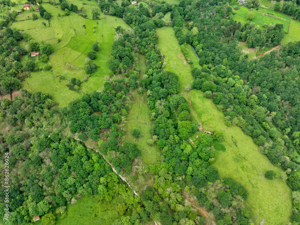 Aerial view of lush forest, fields, and hills in Infiesto, Asturia, Spain. Aerial view of lush forest, fields, and hills in Infiesto, Asturia, Spain.
