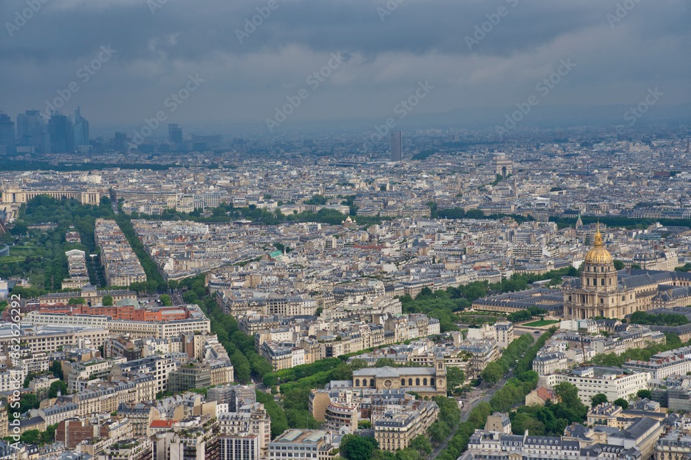 Aerial view of historic buildings and city skyline in Paris, France. Aerial view of historic buildings and city skyline in Paris, France.