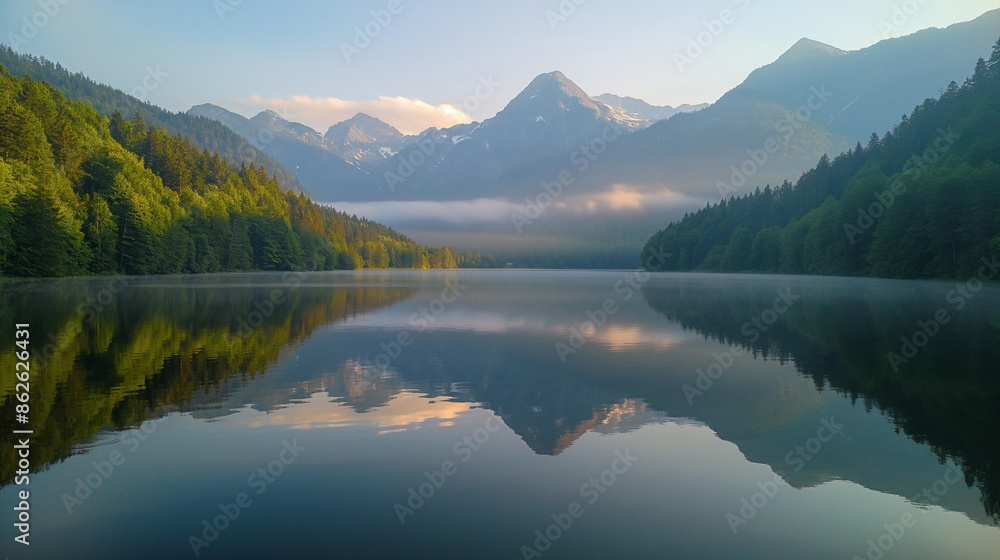 A beautiful mountain lake with a cloudy sky in the background. The lake is calm and peaceful, with the mountains in the distance adding to the serene atmosphere.Generate ai illustration. A beautiful mountain lake with a cloudy sky in the background. The lake is calm and peaceful, with the mountains in the distance adding to the serene atmosphere.Generate ai illustration.
