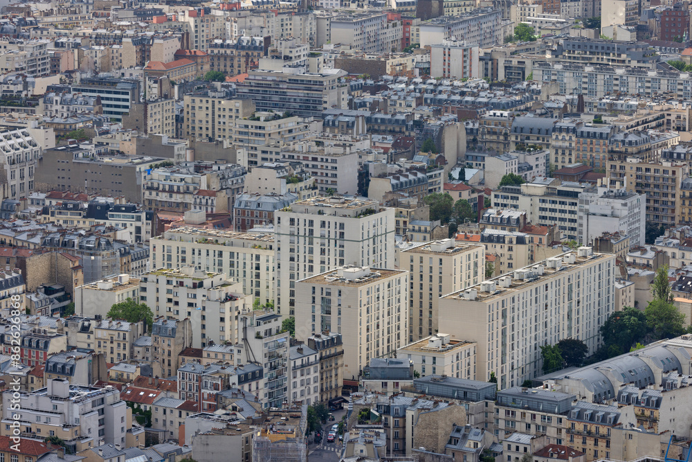 Aerial view of dense residential buildings in downtown Paris, Ile de France, France. Aerial view of dense residential buildings in downtown Paris, Ile de France, France.