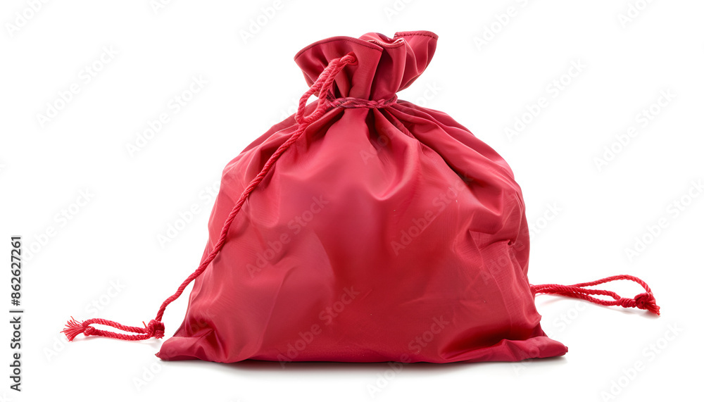 One red drawstring bag isolated on white background One red drawstring bag isolated on white background