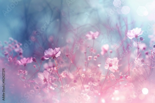 A field of delicate pink wildflowers bathed in soft, ethereal light. Generative AI © Александр Раптовый