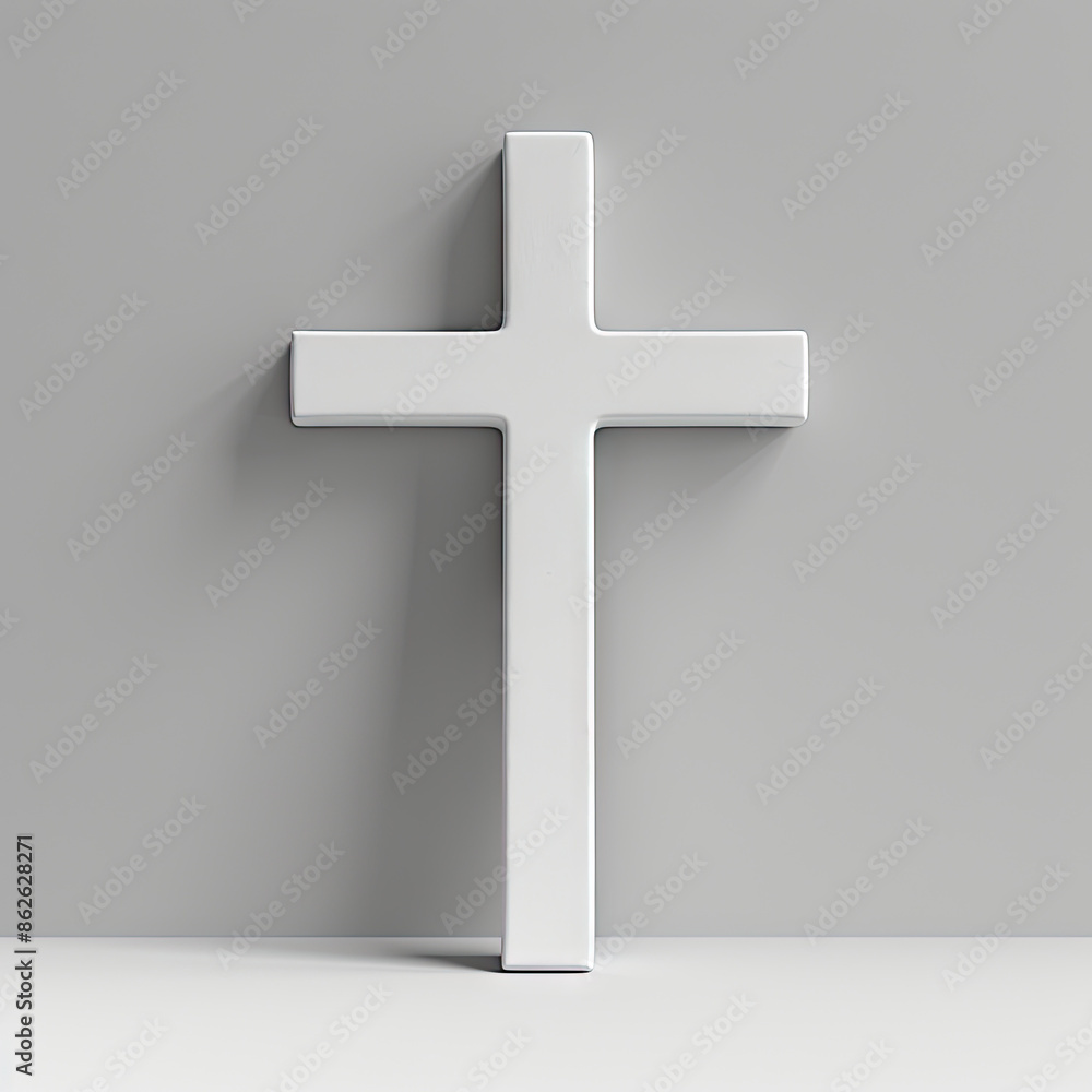 modern, minimalist white cross against a plain, light grey background. The design is simple and clean, emphasizing the shape and symbolism of the cross without any additional elements modern, minimalist white cross against a plain, light grey background. The design is simple and clean, emphasizing the shape and symbolism of the cross without any additional elements