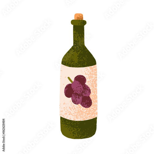 Wine in glass bottle, grape vino. Red vine, alcohol beverage, corked alcohol drink. Corked French grapevine icon. Winery product. Flat graphic vector illustration isolated on white background