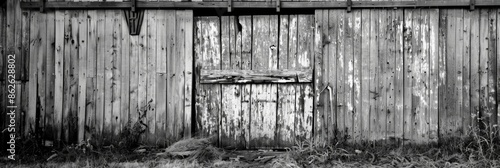 A barn door halfopen and covered in chipped paint invites the imagination to wonder what lies inside. Black and white art photo