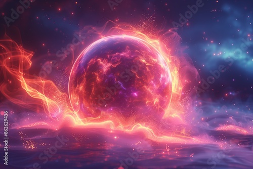 photo of neon energy sphere with glowing particles and waves on dark background