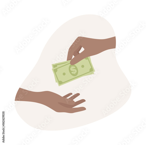 One black hand giving dollar banknotes to another one. Vector clip art in flat style