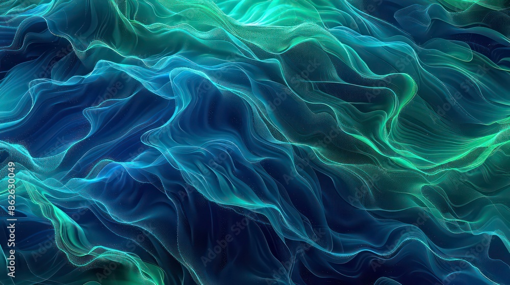 Obraz premium Digital abstract banner of neon ethereal waves of luminous blue and green ripple gracefully across, glow pulses with energy, evoking a sense of serene motion. Generative AI