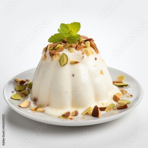 Delicious Malai Makkhan Dessert Garnished with Nuts and Mint Leaves photo