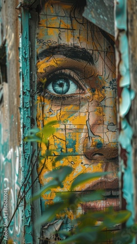 Graffiti on a wall of a building with a face painted on it © kramynina
