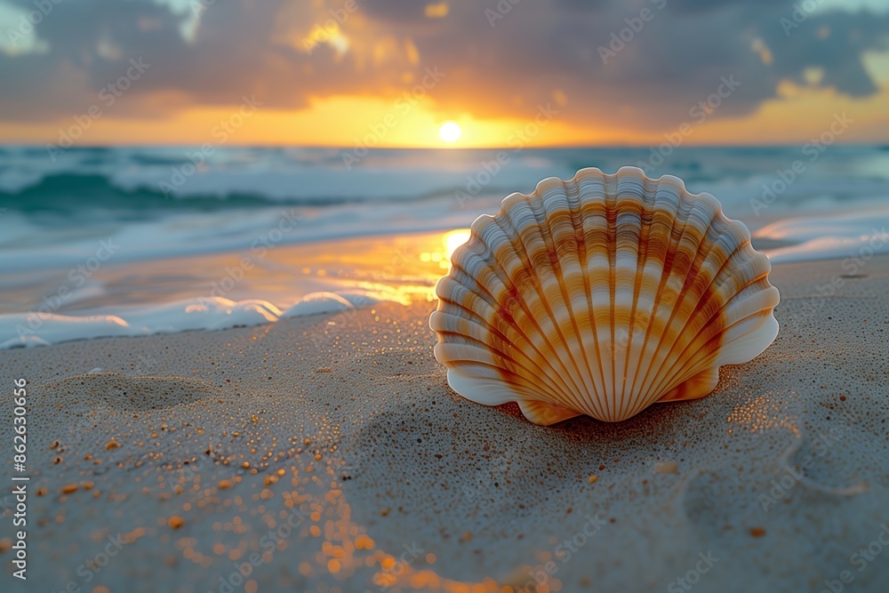 photo of seashell on sandy beach at sunset photo of seashell on sandy beach at sunset