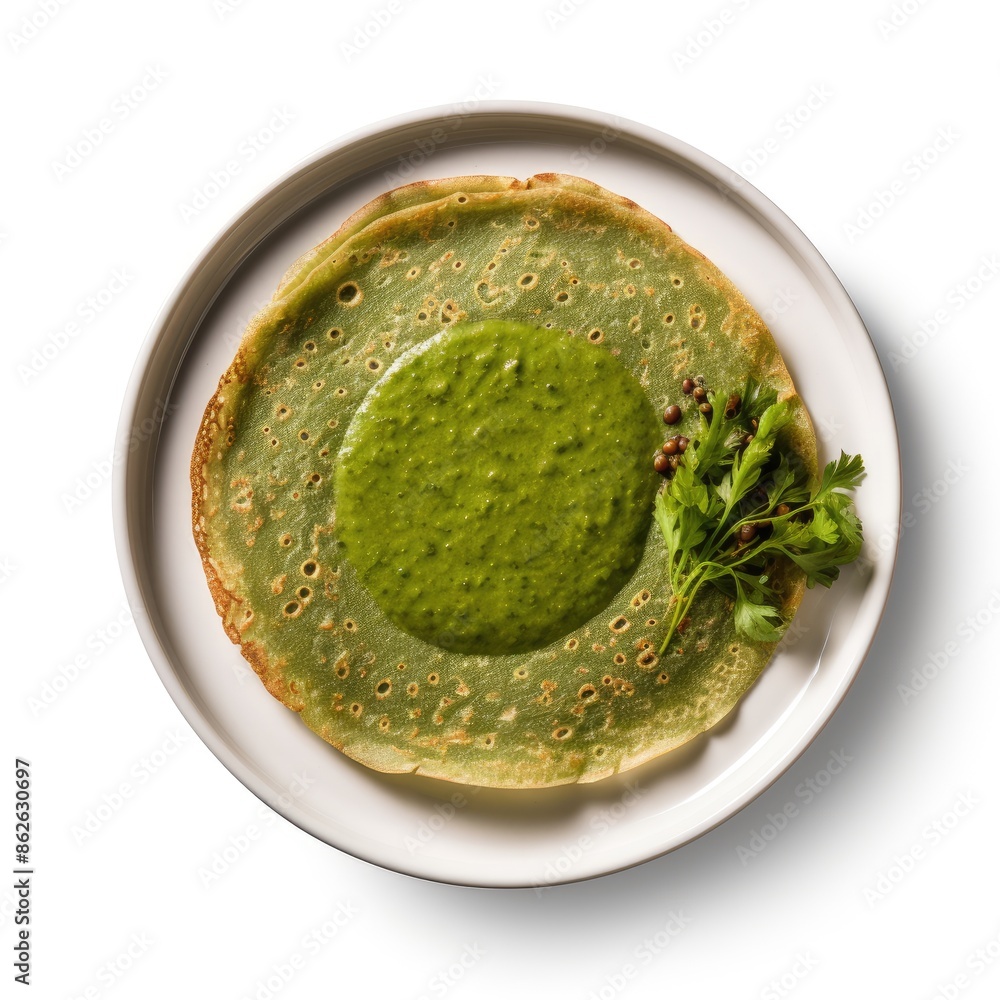 Nutritious Green Gram Dosa Pesarattu with Chutney on White Plate Nutritious Green Gram Dosa Pesarattu with Chutney on White Plate