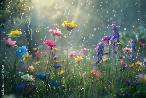 Vibrant Spring Flowers in Bloom with Morning Dew photo