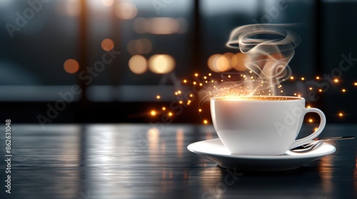 A steaming cup of coffee with rising steam and bokeh lights in the background, creating a warm and inviting atmosphere on a wooden table. photo
