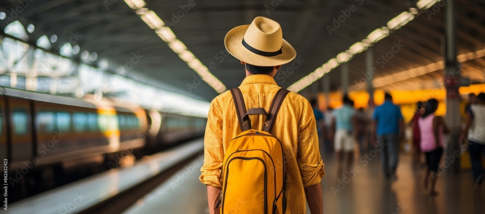 Traveler with yellow backpack at busy train station Traveler with yellow backpack at busy train station