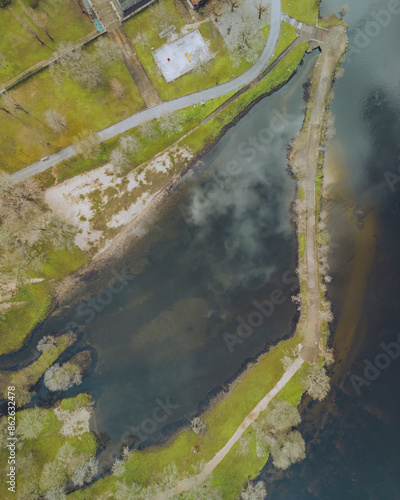 Aerial view of natural forms and shapes over lake, Ponte da Barca, Portugal. photo