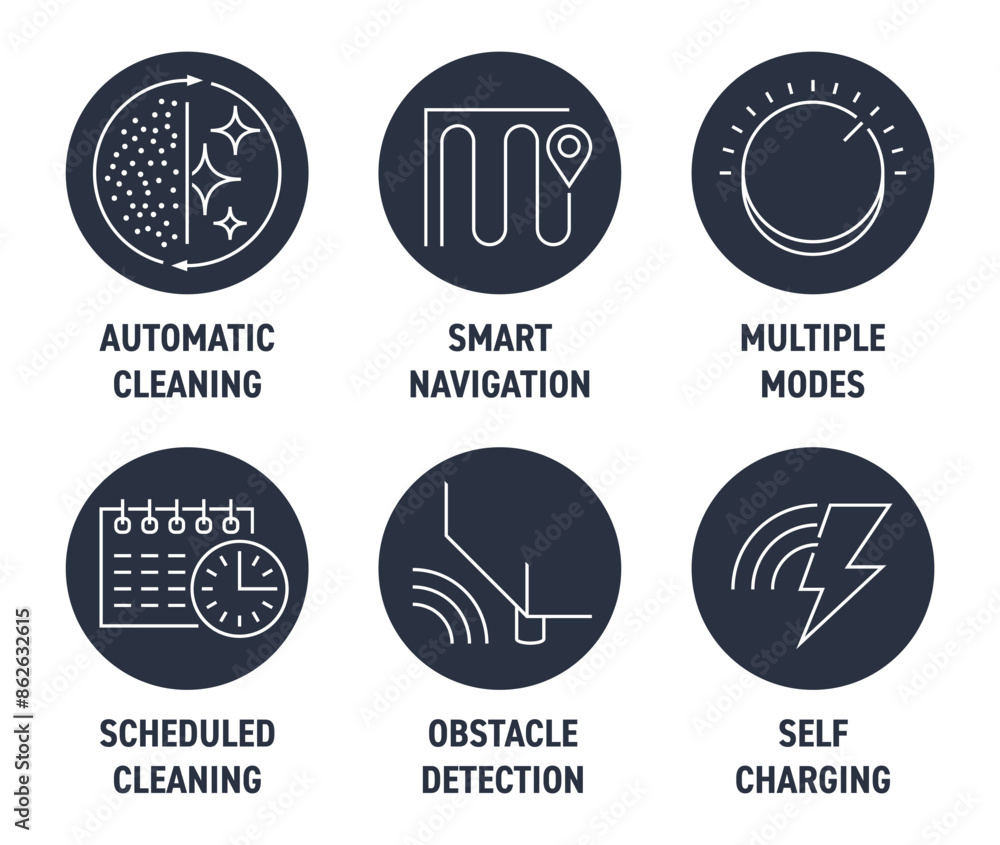 Obraz premium Robot vacuum cleaner 6 features circular icons set