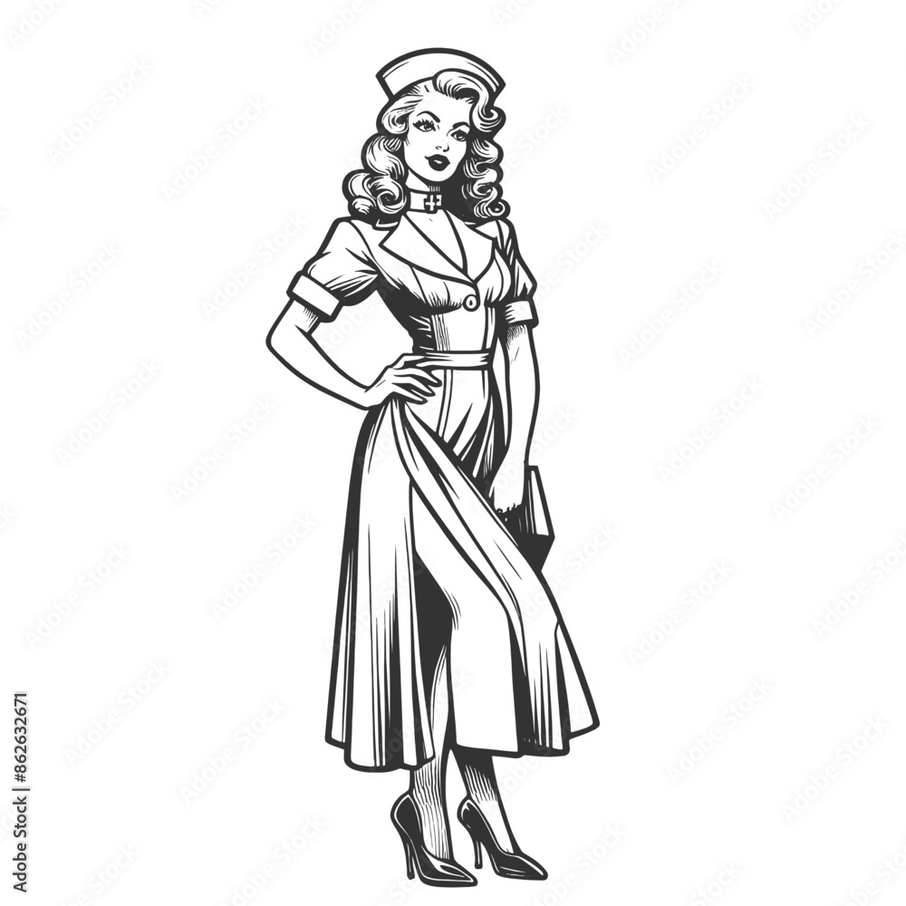 pin-up styled nun in flirtatious pose, playful retro fashion sketch engraving generative ai fictional character vector illustration. Scratch board imitation. Black and white image. pin-up styled nun in flirtatious pose, playful retro fashion sketch engraving generative ai fictional character vector illustration. Scratch board imitation. Black and white image.
