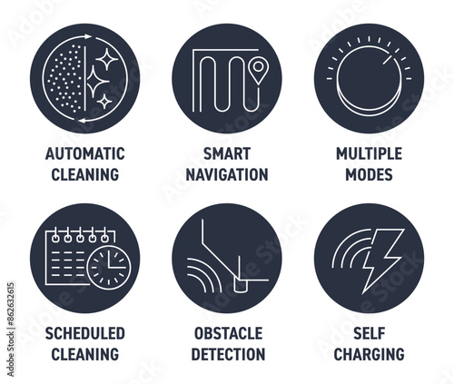 Robot vacuum cleaner 6 features circular icons set