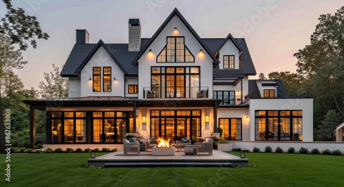 Modern White House With Fire Pit and Large Windows in Evening © olegganko
