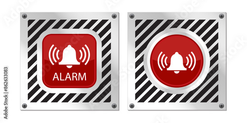 Red Alarm Button, Panic Button, Emergency Stop Button on Silver Panel Vector Illustration.