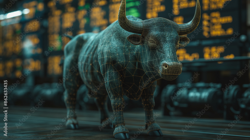 The bull with overlaying financial data, illustrating market trends and performance. The bull with overlaying financial data, illustrating market trends and performance.