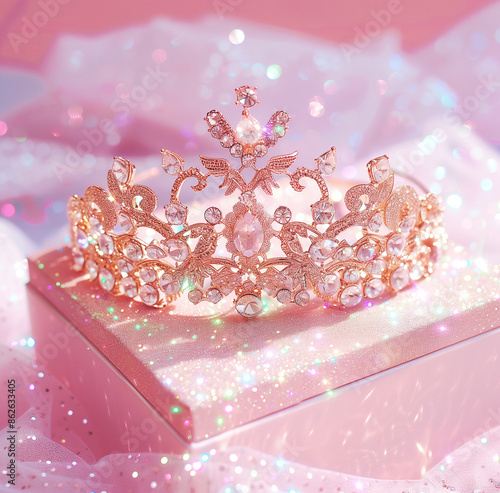 A gold and crystal tiara with a flower design sits on a pink background. The tiara is adorned with pearls and crystals, giving it a luxurious and elegant appearance