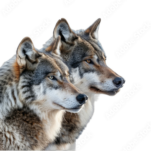 Two wolves standing next to each other with their heads tilted to the side