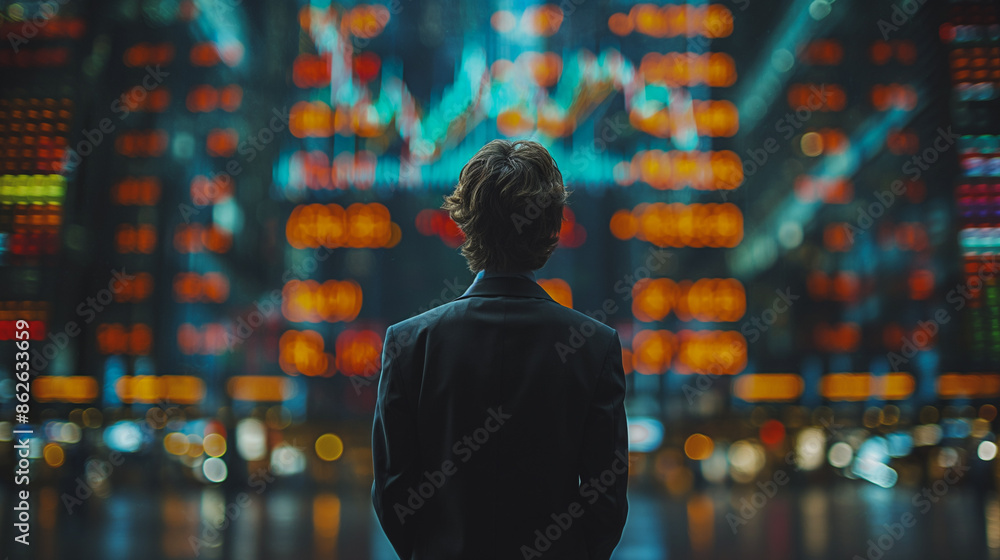 a businessman is juxtaposed against the backdrop of a stock exchange information board a businessman is juxtaposed against the backdrop of a stock exchange information board
