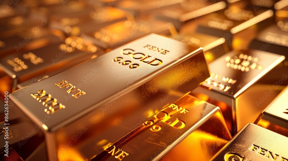 Stacks of shiny gold bars illuminated by warm, golden light. Fine details of stamped weights and purity visible on bar surfaces. Bars arranged in neat rows, creating a sense of wealth and value. Stacks of shiny gold bars illuminated by warm, golden light. Fine details of stamped weights and purity visible on bar surfaces. Bars arranged in neat rows, creating a sense of wealth and value.