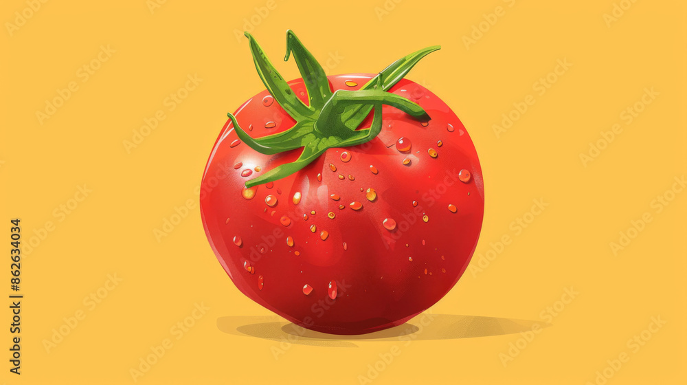 Illustrated red tomato with green stem and water droplets on a yellow background, highlighting freshness and juiciness. Illustrated red tomato with green stem and water droplets on a yellow background, highlighting freshness and juiciness.