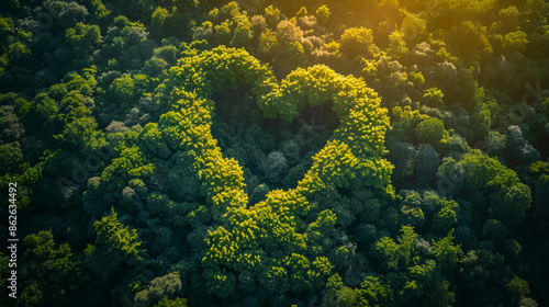 Aerial view of a dense forest with a heart-shaped canopy, symbolizing love for nature and environmental conservation.