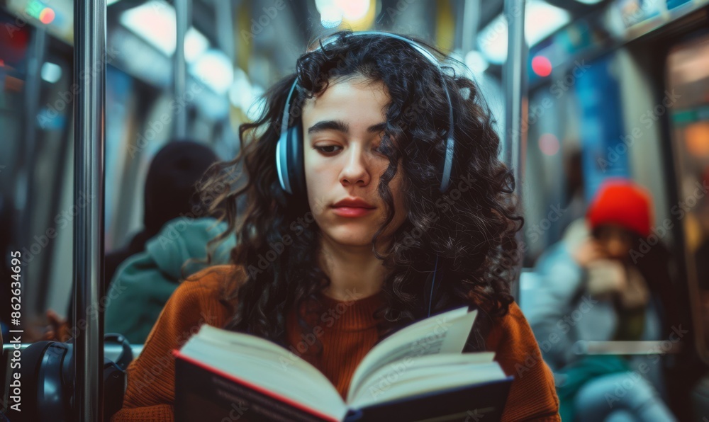 Young woman in headphones in the subway Young woman in headphones in the subway