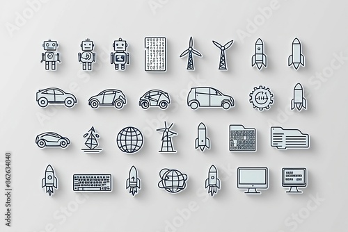 Technological Minimalism: A Clean Composition.
The icons, including a robot, electric car, windmills, binary code, rockets, and a computer, are placed in a clean, grid-like pattern, creating a sense.. photo