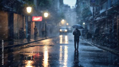 depressed and lonely social concept. sad people walking alone on street in night rain, heart broken, pain, deprived. despair, frustration. © AKIO