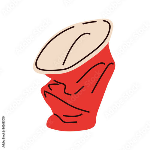 Crumpled used paper cup, waste. Empty disposable coffee glass, rubbish. Crushed creased beverage mug. Crinkled pressed plastic garbage, refuse. Flat vector illustration isolated on white background