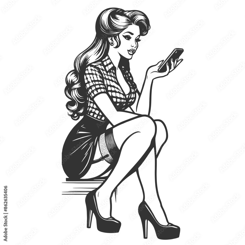 woman engaging in a conversation on a classic telephone sketch engraving generative ai fictional character vector illustration. Scratch board imitation. Black and white image. woman engaging in a conversation on a classic telephone sketch engraving generative ai fictional character vector illustration. Scratch board imitation. Black and white image.