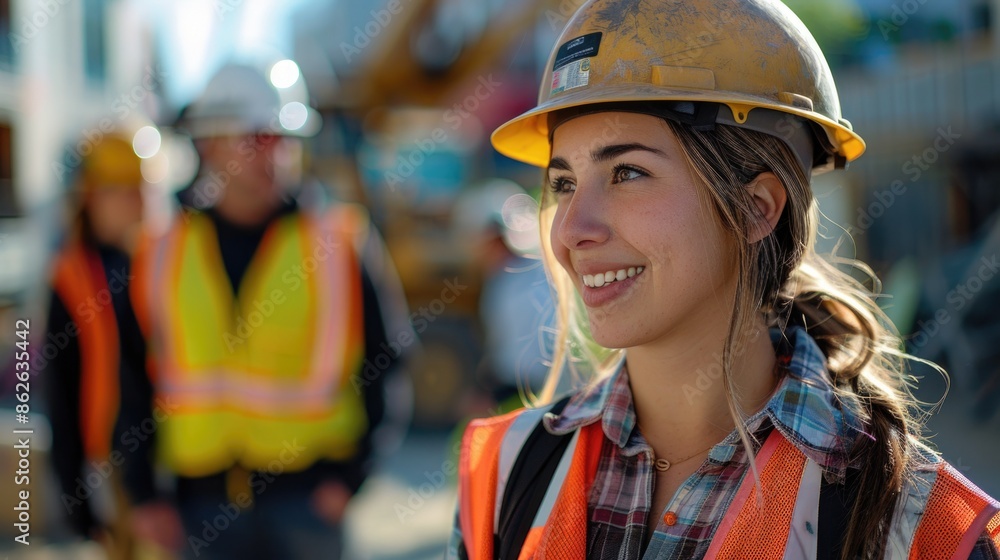 Confident Female Engineer at Construction Site with Team in Background Confident Female Engineer at Construction Site with Team in Background