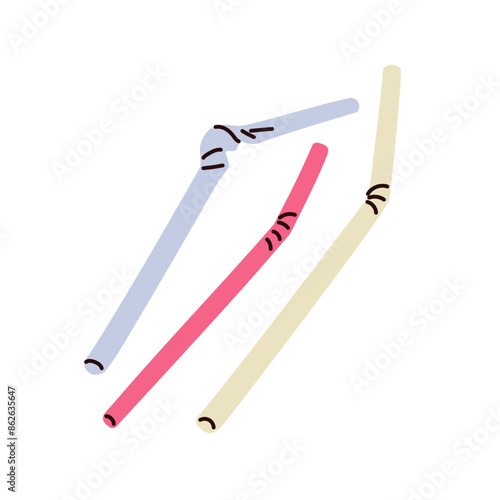 Straws, plastic disposable utensils, waste. Single-use crumpled drinking supp...
