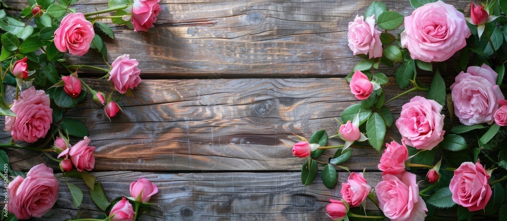 Pink roses arranged beautifully on a wooden backdrop with space for text or graphics in the image. Copy space image. Place for adding text and design Pink roses arranged beautifully on a wooden backdrop with space for text or graphics in the image. Copy space image. Place for adding text and design