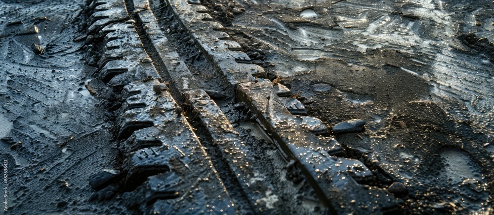 A black tire track is visible on the grime-covered concrete surface, leaving a trail of sudden braking. (104 characters, including spaces). Copy space image. Place for adding text and design A black tire track is visible on the grime-covered concrete surface, leaving a trail of sudden braking. (104 characters, including spaces). Copy space image. Place for adding text and design