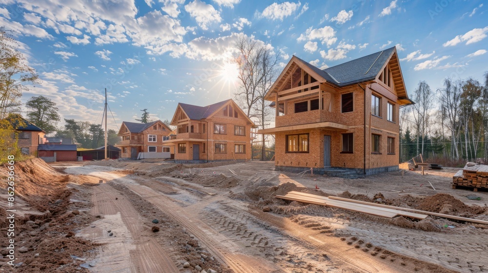 A construction site with a dirt road and a few houses in the background A construction site with a dirt road and a few houses in the background